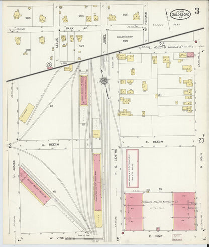 Sanborn Fire Insurance Map from Goldsboro, Wayne County, North Carolina (1913), Sheet #0003 - Complete Map Set gallery image, historic Sanborn map, vintage wall art, North Carolina North Carolina