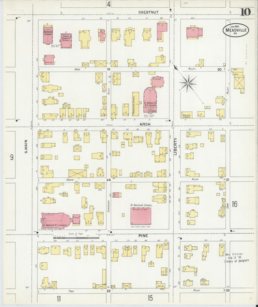 Sanborn Fire Insurance Map from Meadville, Crawford County, Pennsylvania (1901), Sheet #0010 - Historic Sanborn Fire Insurance Map Print, vintage old map wall art, antique decor, genealogy gift, Pennsylvania Pennsylvania map