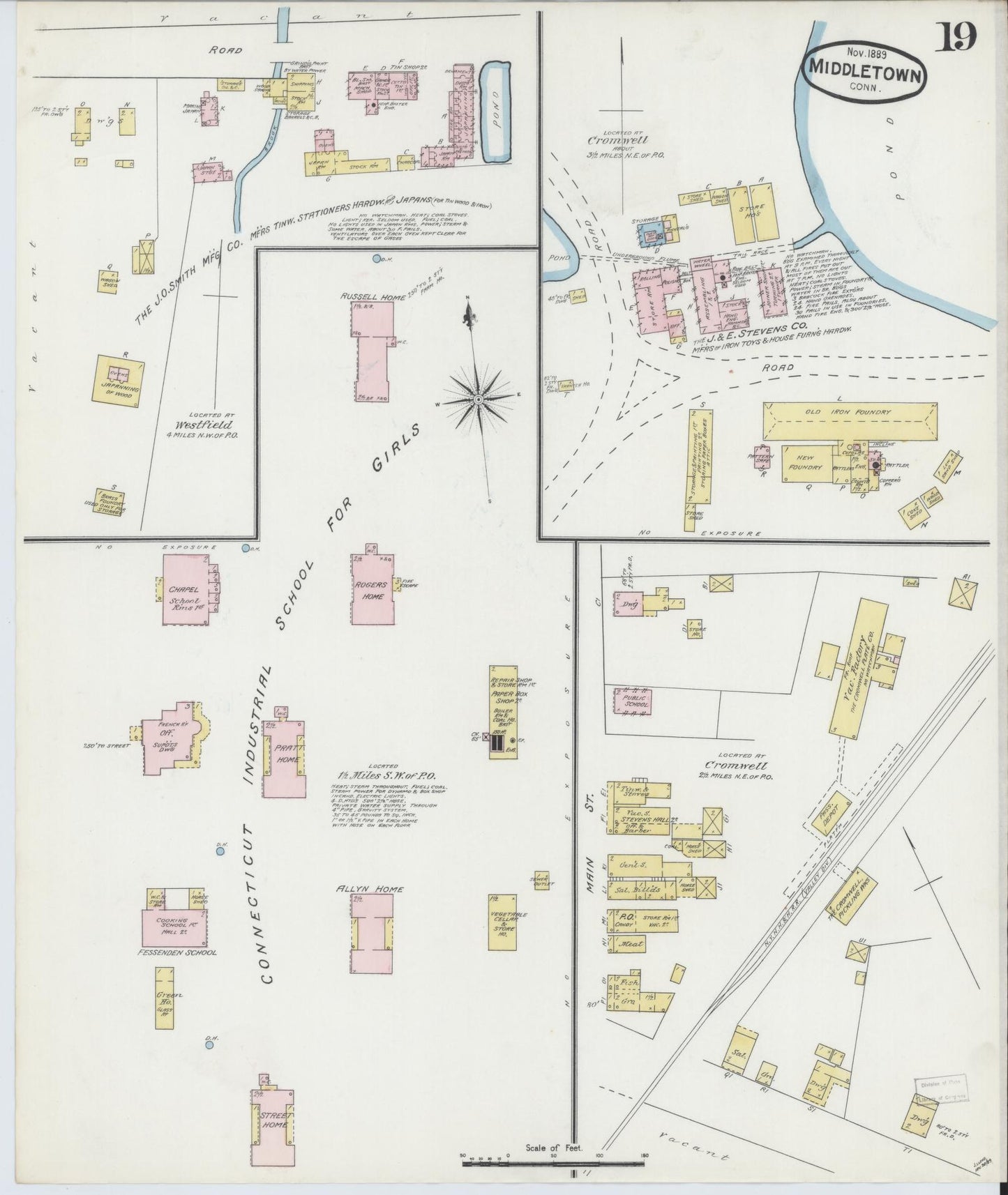 Sanborn Fire Insurance Map from Middletown, Middlesex County, Connecticut (1889), Sheet #0019 - Historic Sanborn Fire Insurance Map Print, vintage old map wall art, antique decor, genealogy gift, Connecticut Connecticut map