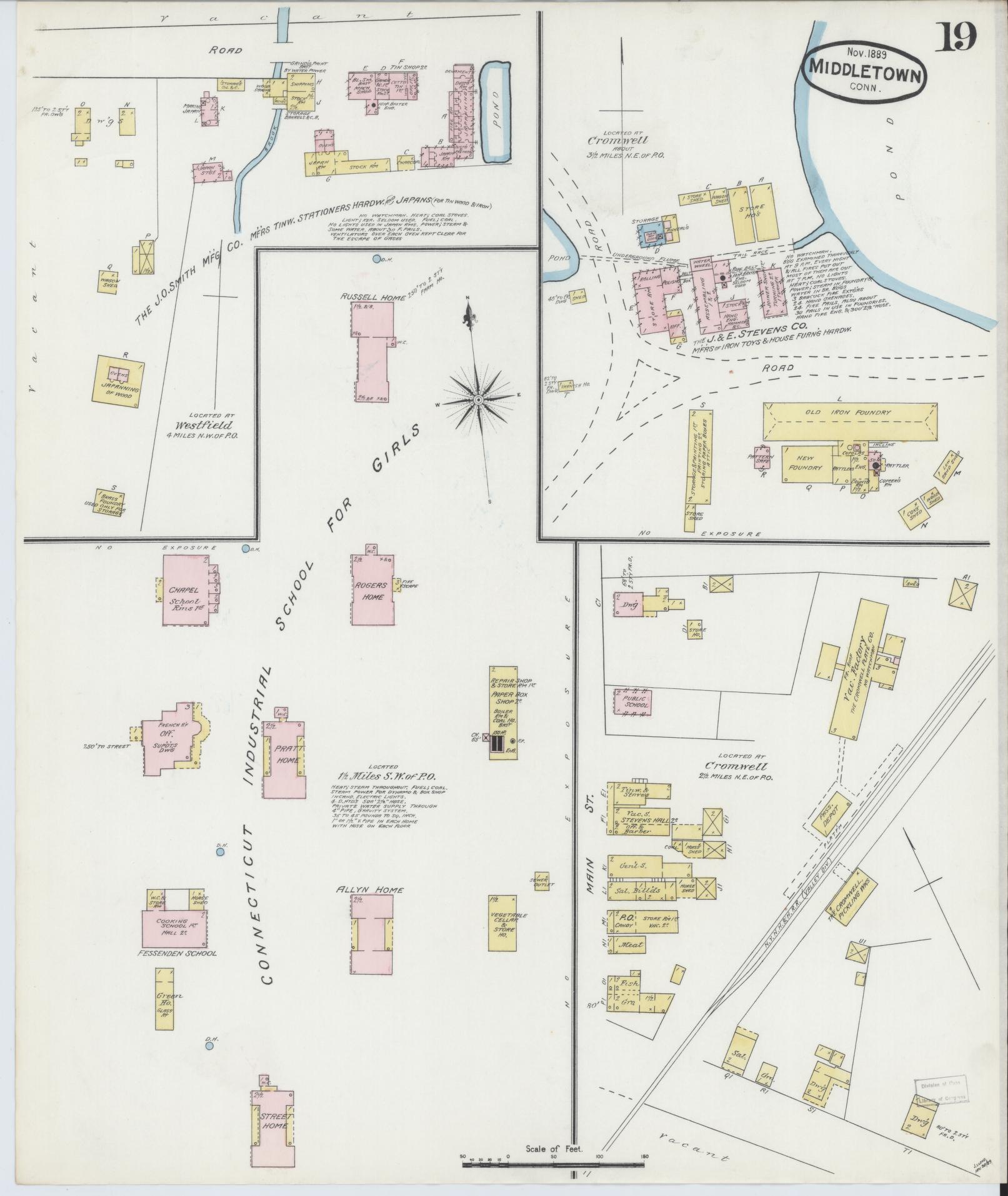Sanborn Fire Insurance Map from Middletown, Middlesex County, Connecticut (1889), Sheet #0019 - Historic Sanborn Fire Insurance Map Print, vintage old map wall art, antique decor, genealogy gift, Connecticut Connecticut map