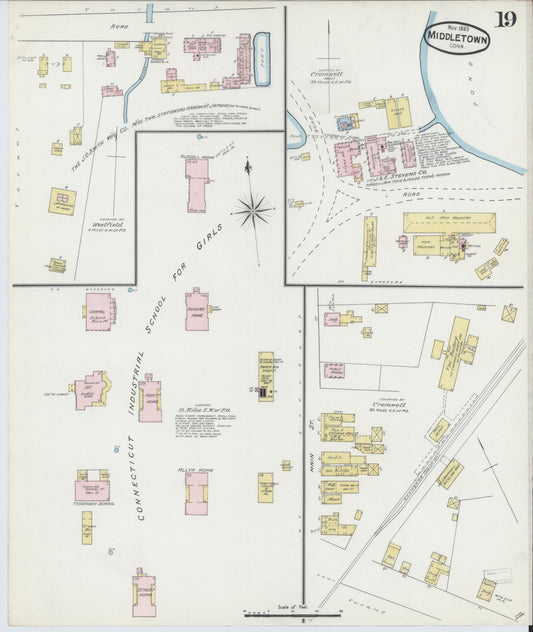 Sanborn Fire Insurance Map from Middletown, Middlesex County, Connecticut (1889), Sheet #0019 - Historic Sanborn Fire Insurance Map Print, vintage old map wall art, antique decor, genealogy gift, Connecticut Connecticut map