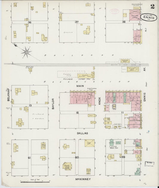 Sanborn Fire Insurance Map from Ennis, Ellis County, Texas (1890), Sheet #0002 - Historic Sanborn Fire Insurance Map Print, vintage old map wall art, antique decor, genealogy gift, Texas Texas map