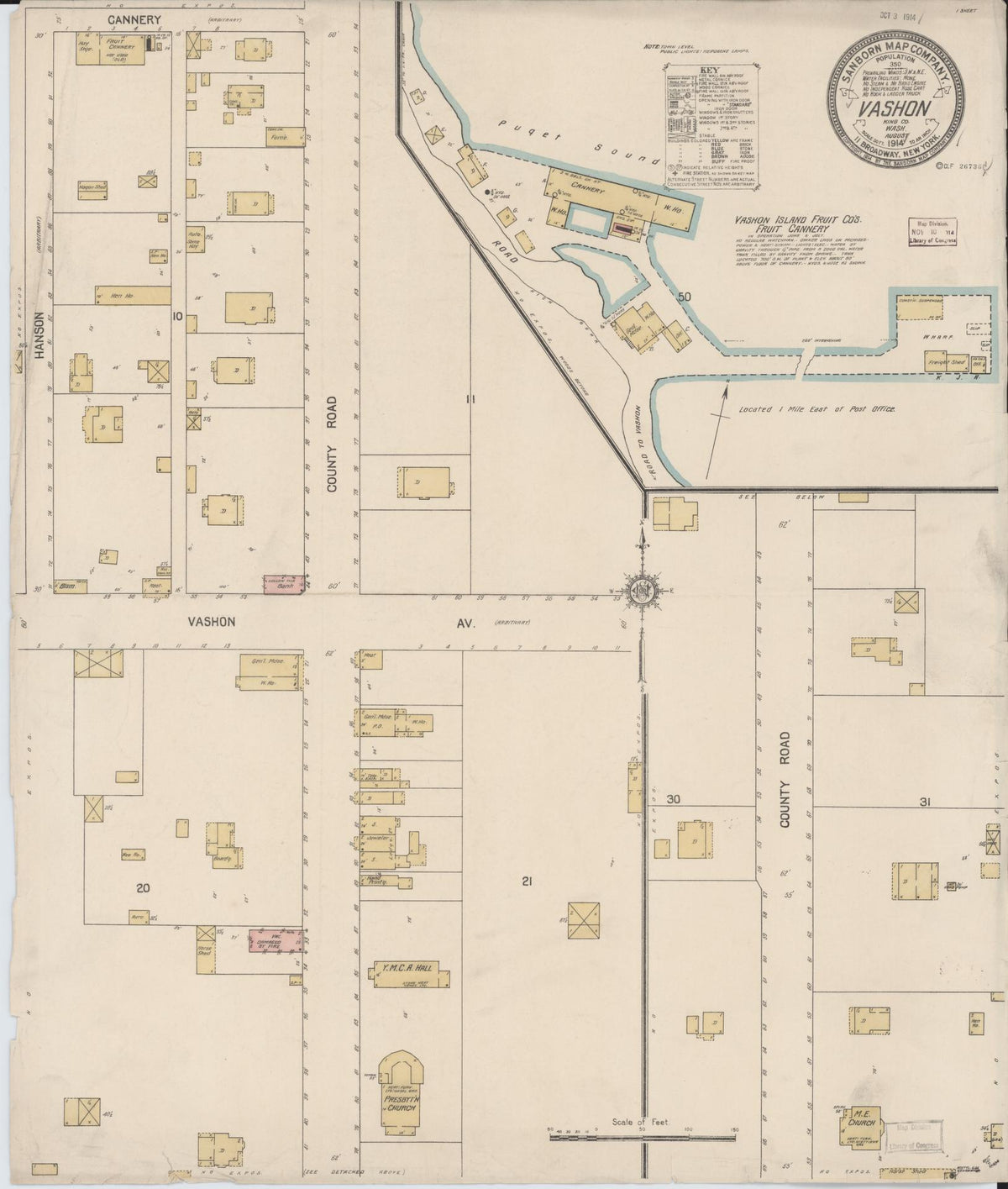 Sanborn Fire Insurance Map from Vashon, King County, Washington (1914), Sheet #0001 - Historic Sanborn Fire Insurance Map Print, vintage old map wall art, antique decor, genealogy gift, Washington Washington map