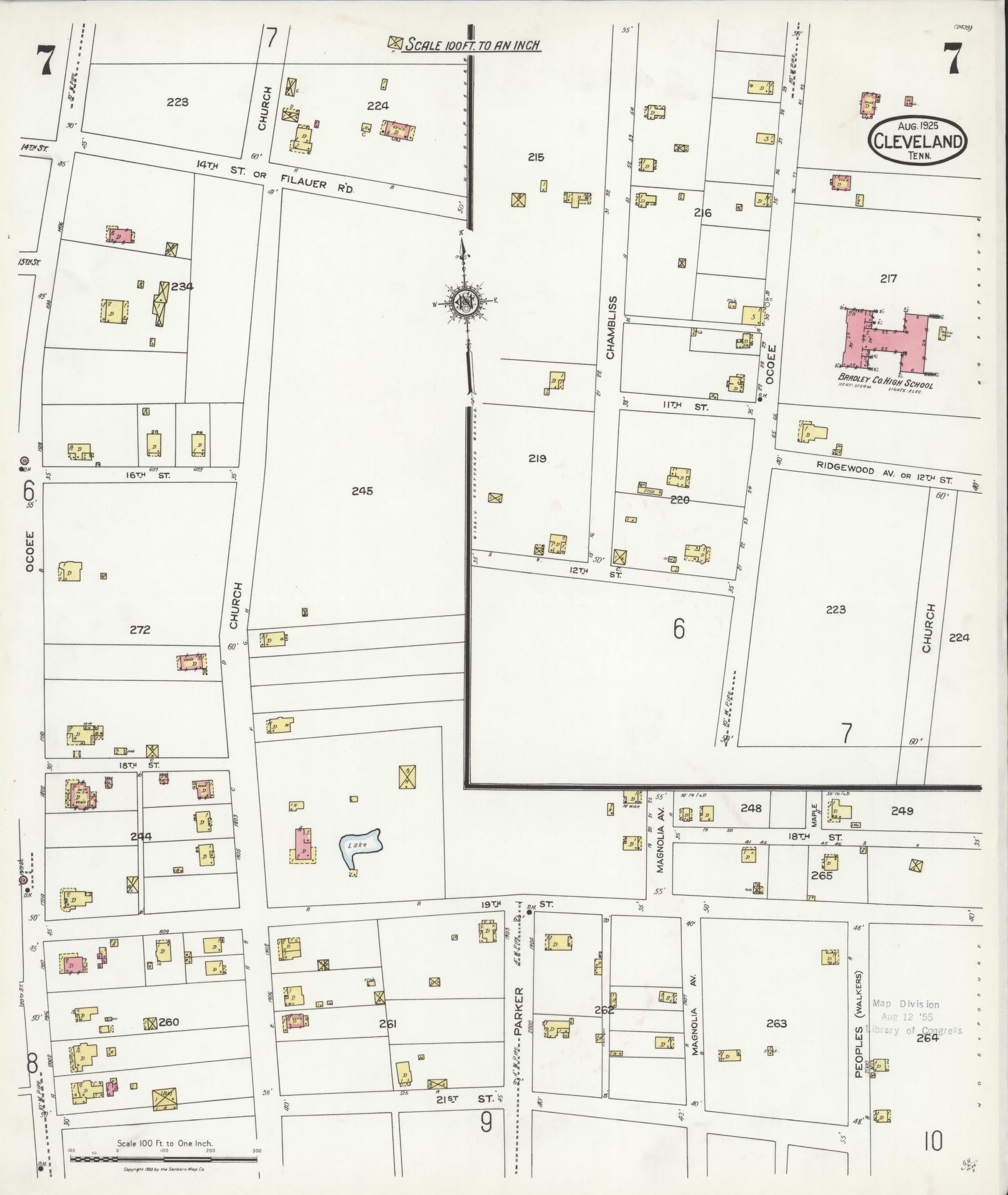 Sanborn Fire Insurance Map from Cleveland, Bradley County, Tennessee (1925), Sheet #0007 - Historic Sanborn Fire Insurance Map Print, vintage old map wall art, antique decor, genealogy gift, Tennessee Tennessee map