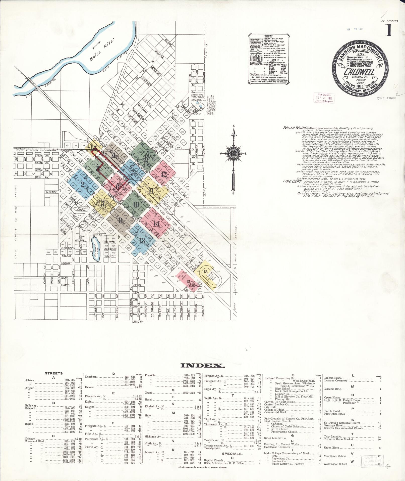 Sanborn Fire Insurance Map from Caldwell, Canyon County, Idaho (1911), Sheet #0001 - Historic Sanborn Fire Insurance Map Print, vintage old map wall art, antique decor, genealogy gift, Idaho Idaho map