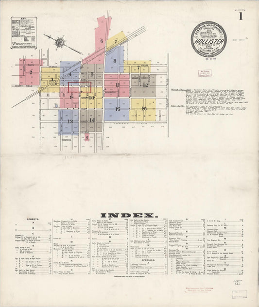 Sanborn Fire Insurance Map from Hollister, San Benito County, California (1910), Sheet #0001 - Historic Sanborn Fire Insurance Map Print, vintage old map wall art, antique decor, genealogy gift, California California map