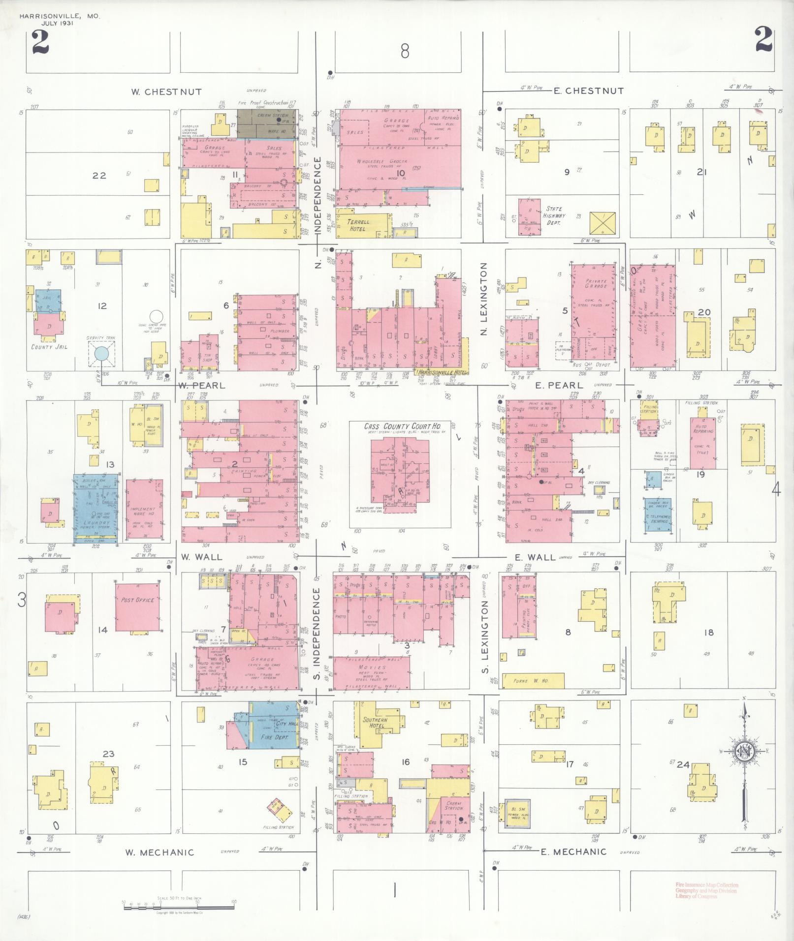 Sanborn Fire Insurance Map from Harrisonville, Cass County, Missouri (1931), Sheet #0002 - Historic Sanborn Fire Insurance Map Print, vintage old map wall art, antique decor, genealogy gift, Missouri Missouri map