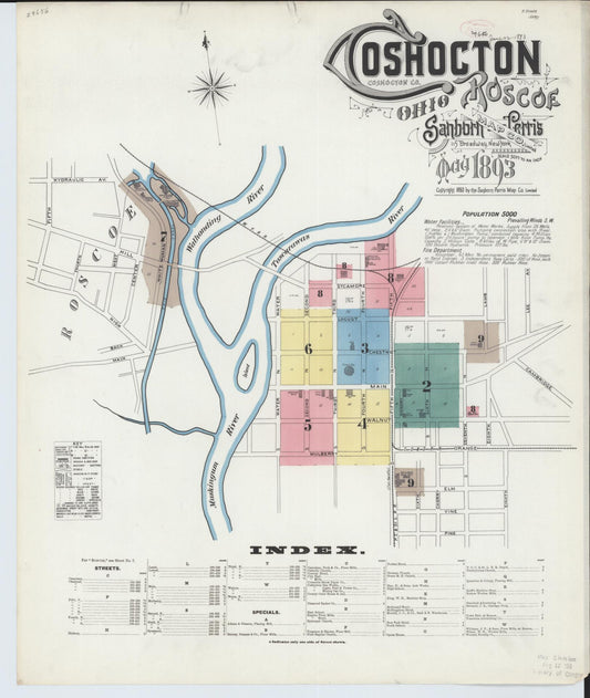 Sanborn Fire Insurance Map from Coshocton, Coshocton County, Ohio (1893), Sheet #0001 - Historic Sanborn Fire Insurance Map Print, vintage old map wall art, antique decor, genealogy gift, Ohio Ohio map