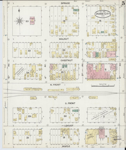 Sanborn Fire Insurance Map from Dodge City, Ford County, Kansas (1887), Sheet #0005 - Historic Sanborn Fire Insurance Map Print, vintage old map wall art, antique decor, genealogy gift, Kansas Kansas map