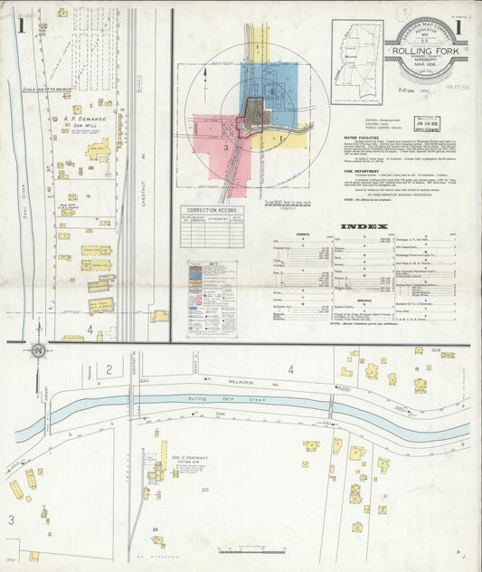 Sanborn Fire Insurance Map from Rolling Fork, Sharkey County, Mississippi (1936), Sheet #0001 - Historic Sanborn Fire Insurance Map Print, vintage old map wall art, antique decor, genealogy gift, Mississippi Mississippi map