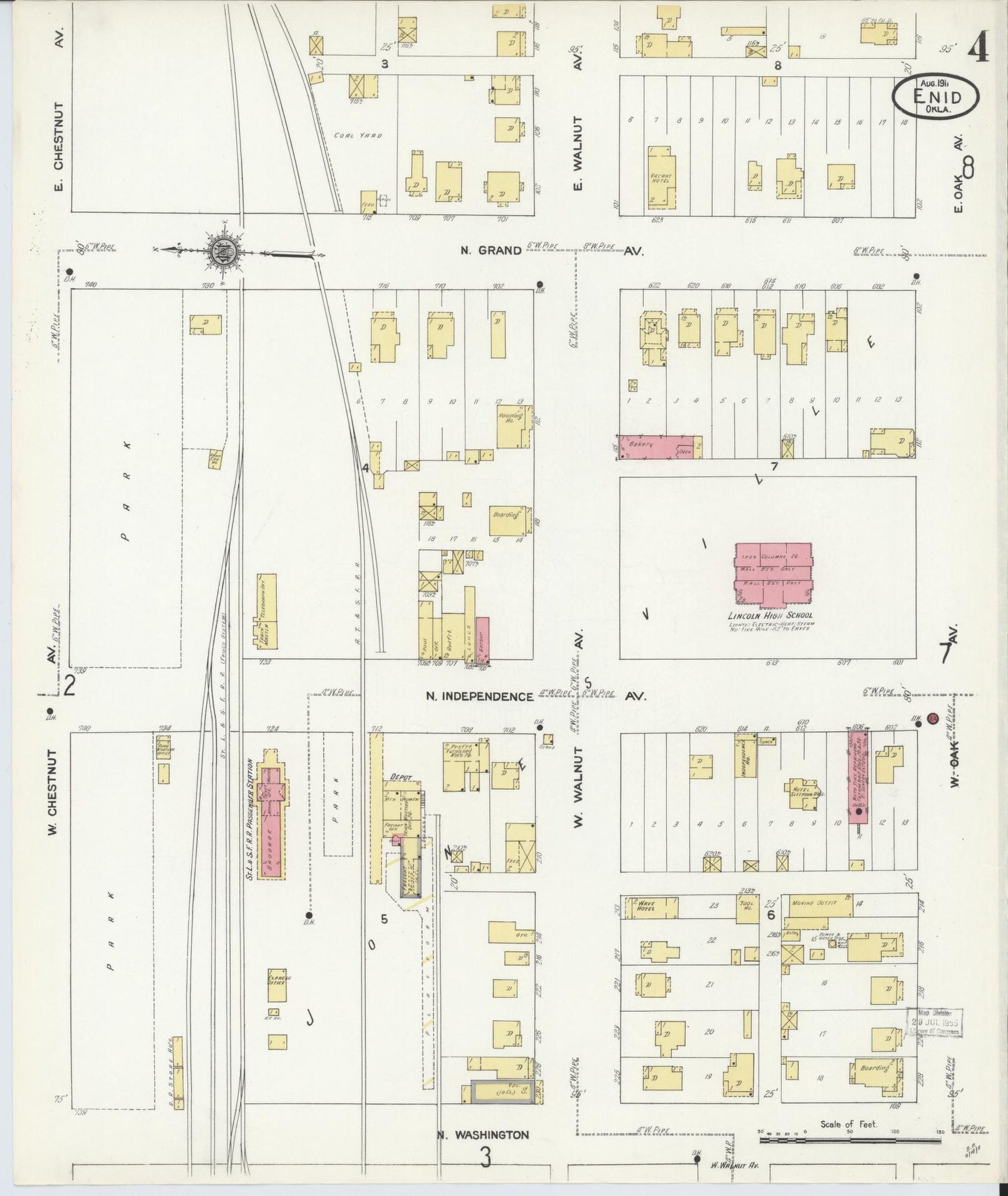 Sanborn Fire Insurance Map from Enid, Garfield County, Oklahoma (1911), Sheet #0004 - Historic Sanborn Fire Insurance Map Print, vintage old map wall art, antique decor, genealogy gift, Oklahoma Oklahoma map