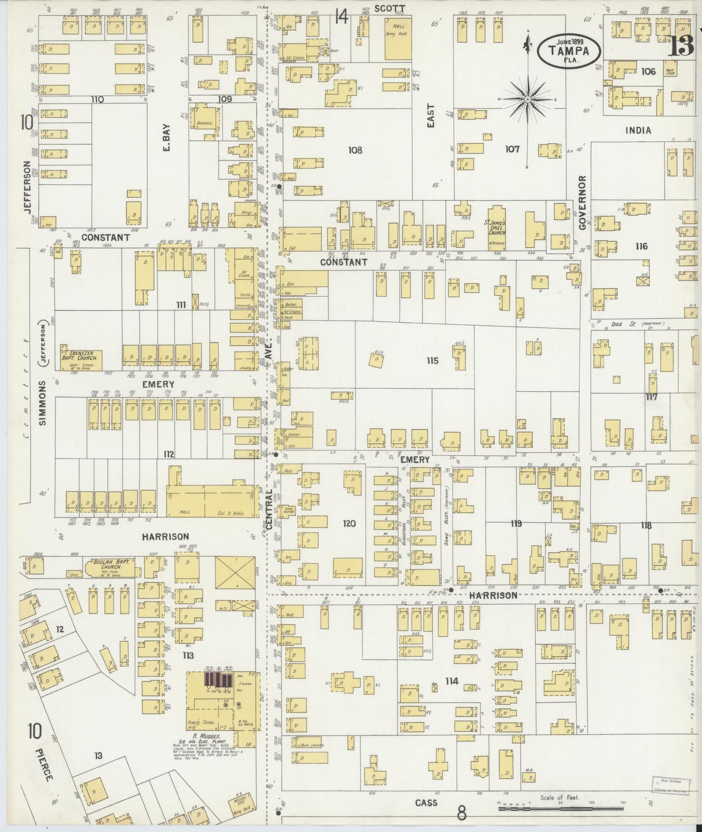 Sanborn Fire Insurance Map from Tampa, Hillsborough County, Florida (1899), Sheet #0013 - Complete Map Set gallery image, historic Sanborn map, vintage wall art, Florida Florida