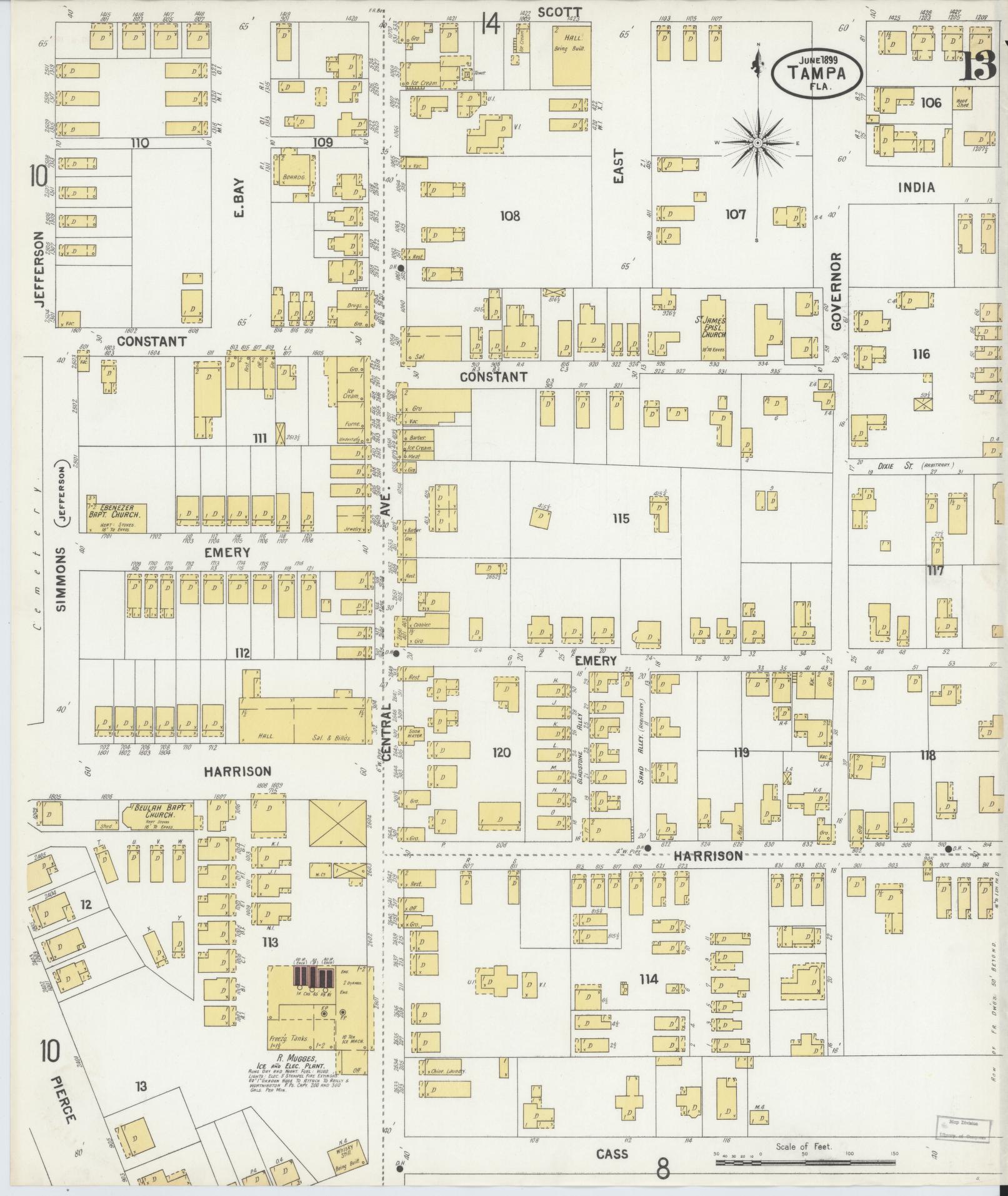 Sanborn Fire Insurance Map from Tampa, Hillsborough County, Florida (1899), Sheet #0013 - Complete Map Set gallery image, historic Sanborn map, vintage wall art, Florida Florida