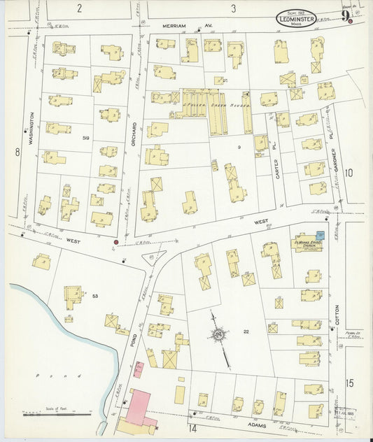 Sanborn Fire Insurance Map from Leominster, Worcester County, Massachusetts (1912), Sheet #0009 - Historic Sanborn Fire Insurance Map Print, vintage old map wall art, antique decor, genealogy gift, Massachusetts Massachusetts map
