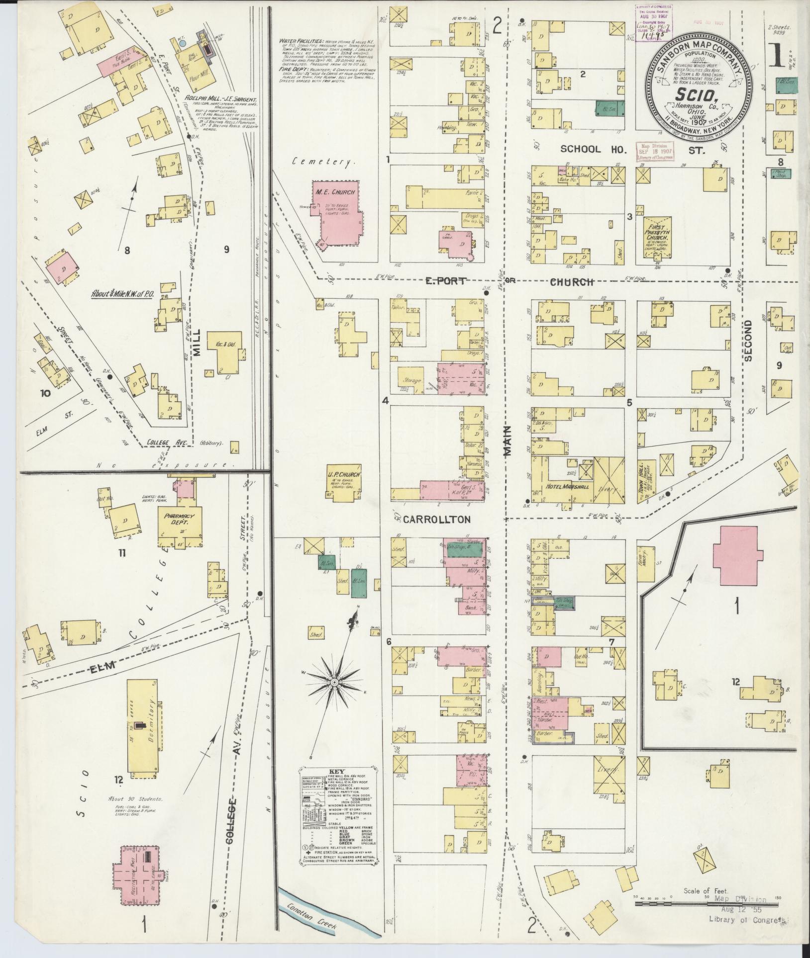 Sanborn Fire Insurance Map from Scio, Harrison County, Ohio (1907), Sheet #0001 - Historic Sanborn Fire Insurance Map Print, vintage old map wall art, antique decor, genealogy gift, Ohio Ohio map
