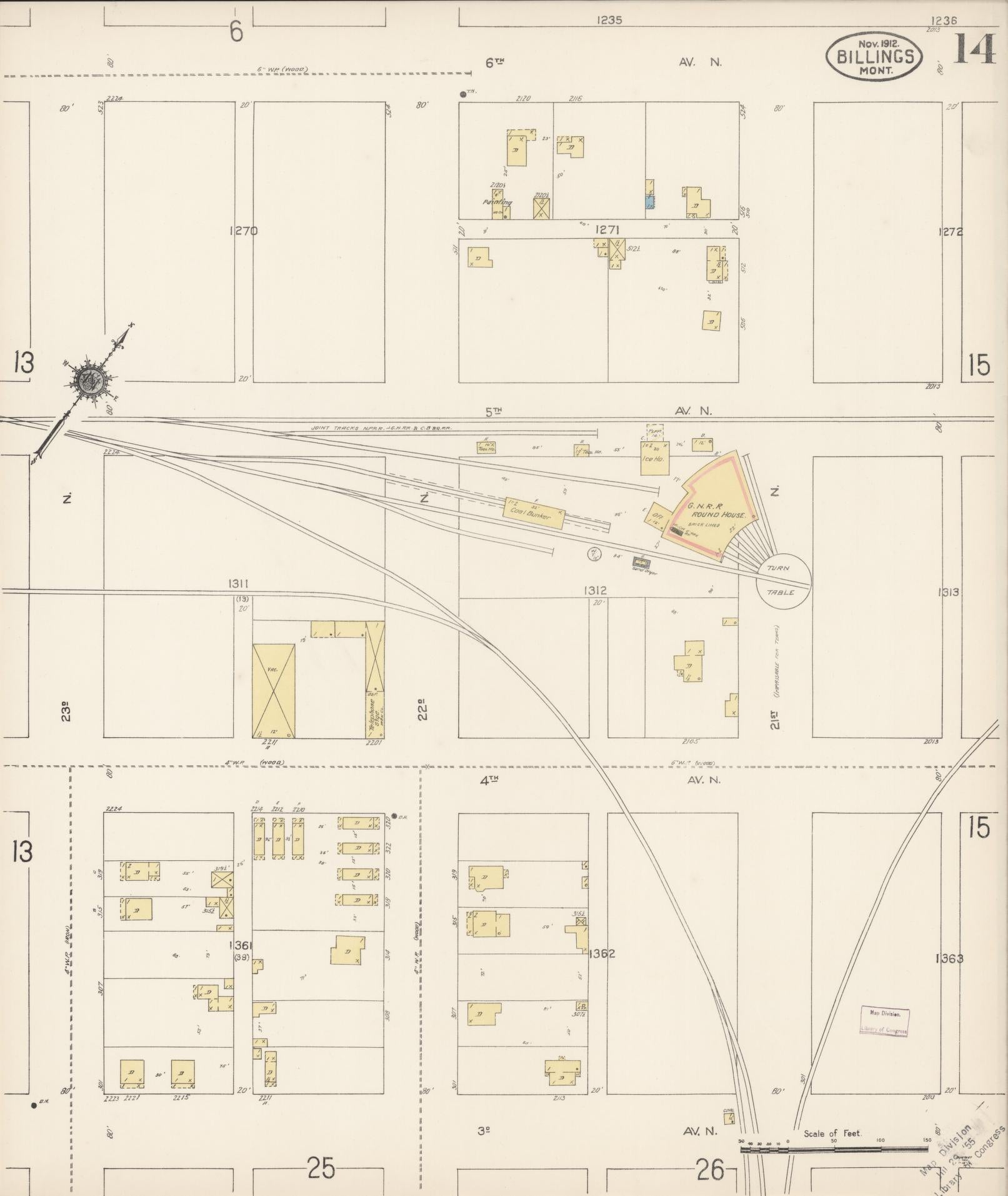 Sanborn Fire Insurance Map from Billings, Yellowstone County, Montana (1912), Sheet #0014 - Complete Map Set gallery image, historic Sanborn map, vintage wall art, Montana Montana