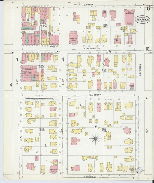 Sanborn Fire Insurance Map from Ann Arbor, Washtenaw County, Michigan (1899), Sheet #0006 - Historic Sanborn Fire Insurance Map Print, vintage old map wall art, antique decor, genealogy gift, Michigan Michigan map