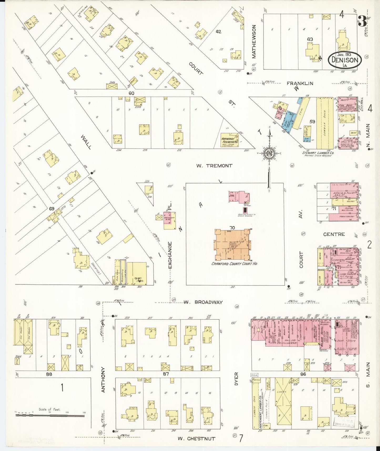 Sanborn Fire Insurance Map from Denison, Crawford County, Iowa (1913), Sheet #0003 - Historic Sanborn Fire Insurance Map Print, vintage old map wall art