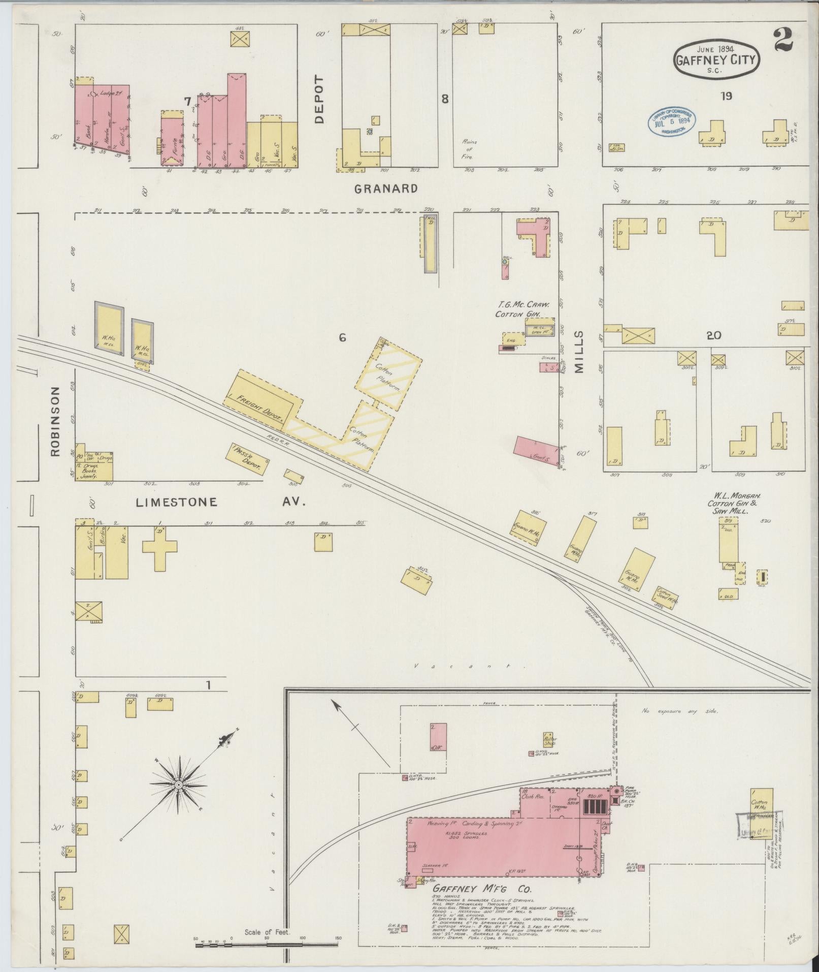Sanborn Fire Insurance Map from Gaffney, Cherokee County, South Carolina (1894), Sheet #0002 - Complete Map Set gallery image, historic Sanborn map, vintage wall art, South Carolina South Carolina