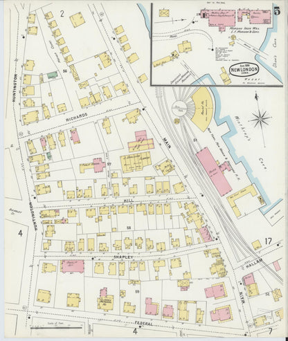 Sanborn Fire Insurance Map from New London, New London County, Connecticut (1896), Sheet #0005 - Complete Map Set gallery image, historic Sanborn map, vintage wall art, Connecticut Connecticut