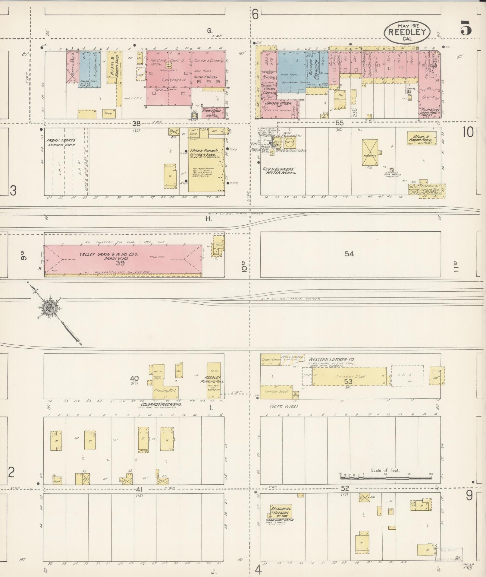 Sanborn Fire Insurance Map from Reedley, Fresno County, California (1912), Sheet #0005 - Complete Map Set gallery image, historic Sanborn map, vintage wall art, California California