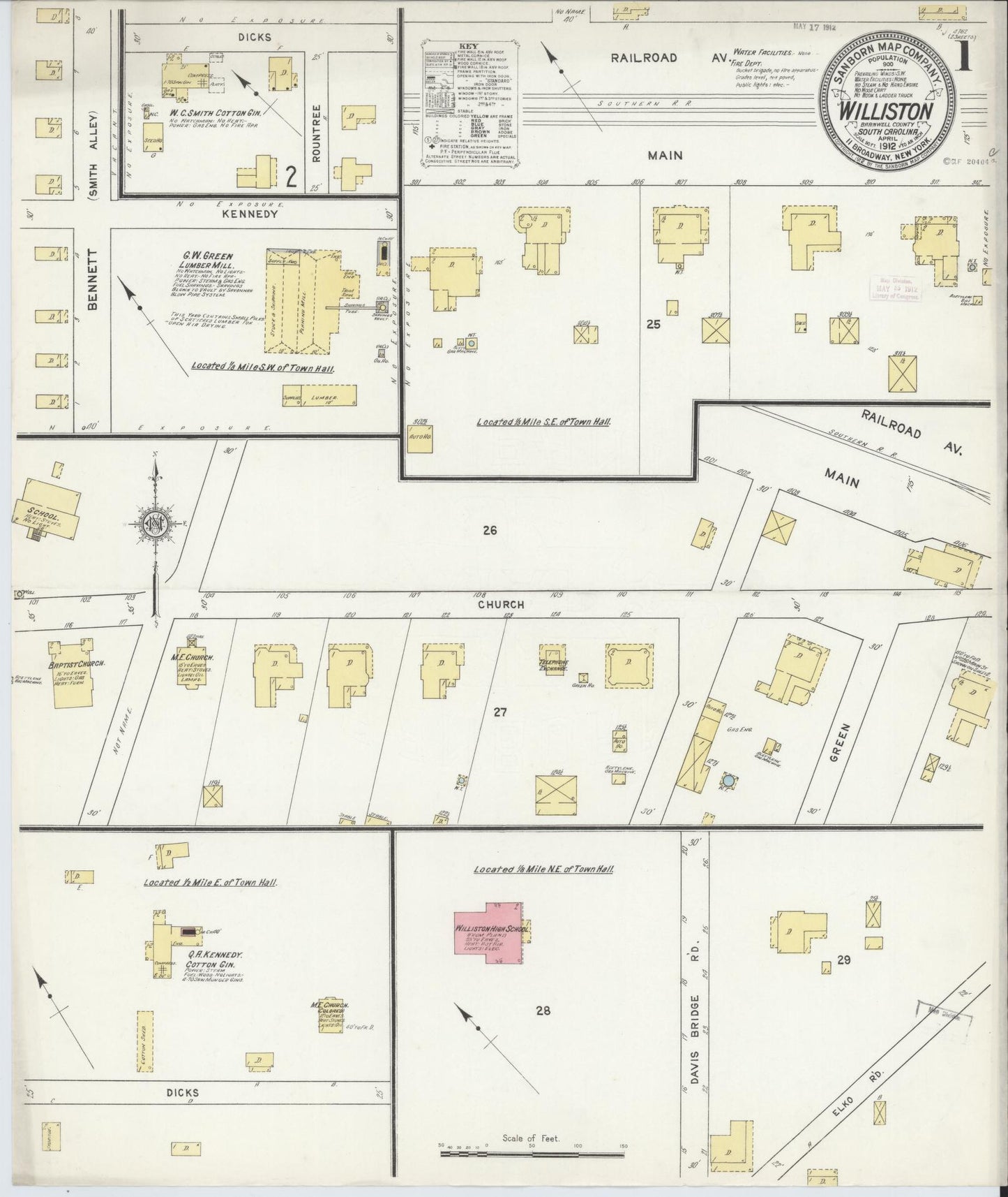Sanborn Fire Insurance Map from Williston, Barnwell County, South Carolina (1912), Sheet #0001 - Complete Map Set gallery image, historic Sanborn map, vintage wall art, South Carolina South Carolina