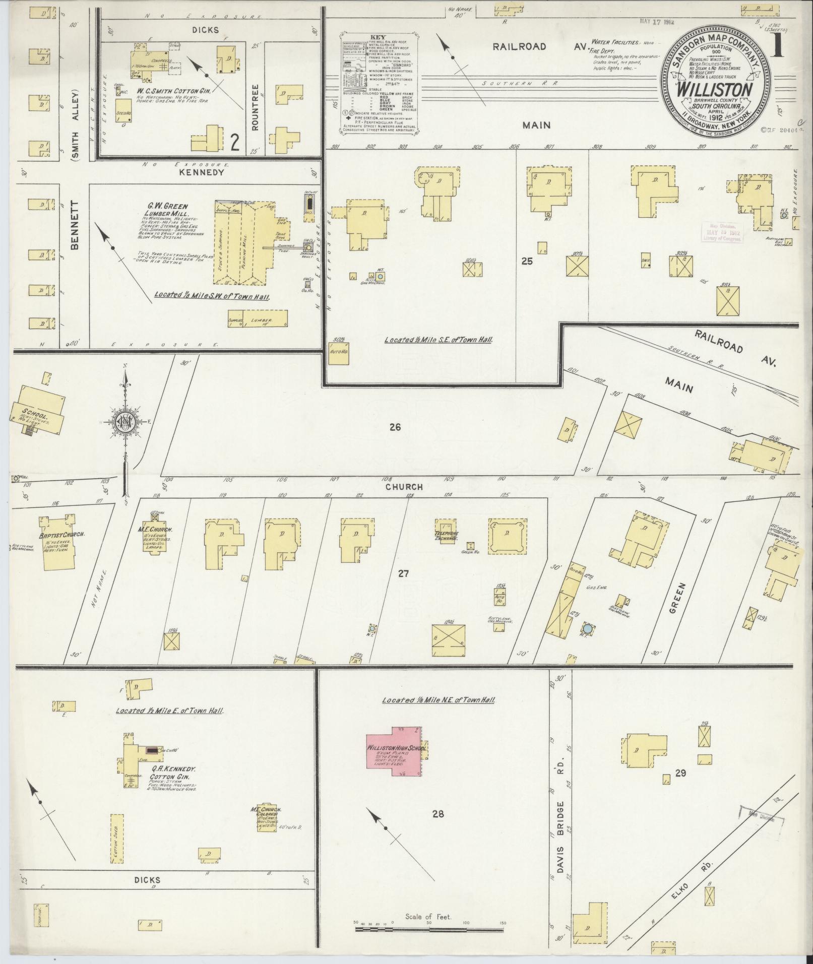 Sanborn Fire Insurance Map from Williston, Barnwell County, South Carolina (1912), Sheet #0001 - Complete Map Set gallery image, historic Sanborn map, vintage wall art, South Carolina South Carolina