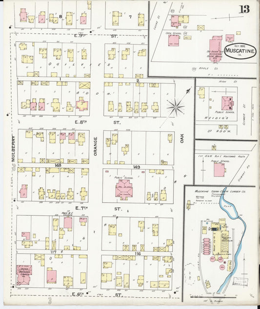 Sanborn Fire Insurance Map from Muscatine, Musactine County, Iowa (1892), Sheet #0013 - Historic Sanborn Fire Insurance Map Print, vintage old map wall art