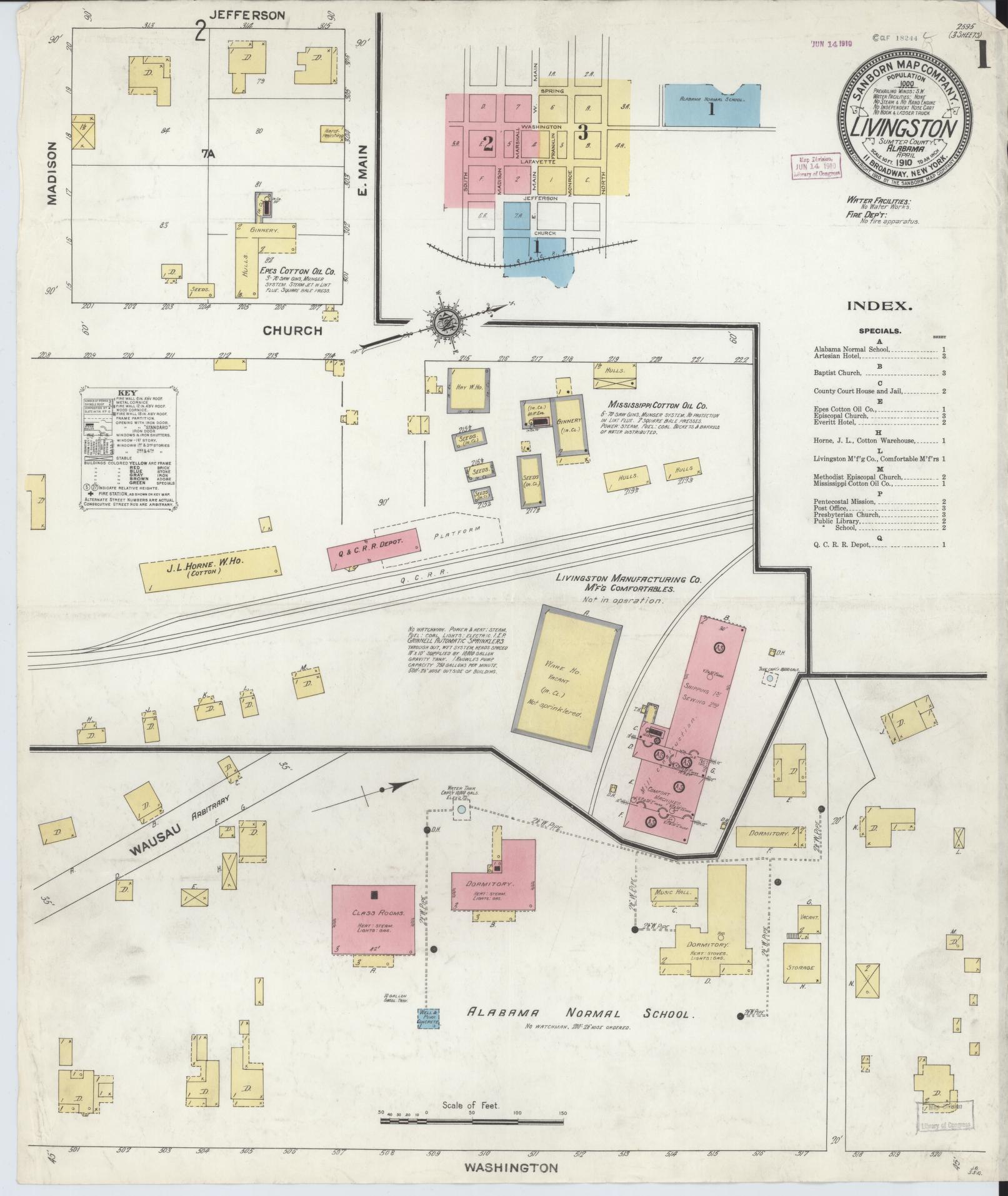 Sanborn Fire Insurance Map from Livingston, Sumter County, Alabama (1910), Sheet #0001 - Complete Map Set gallery image, historic Sanborn map, vintage wall art, Alabama Alabama