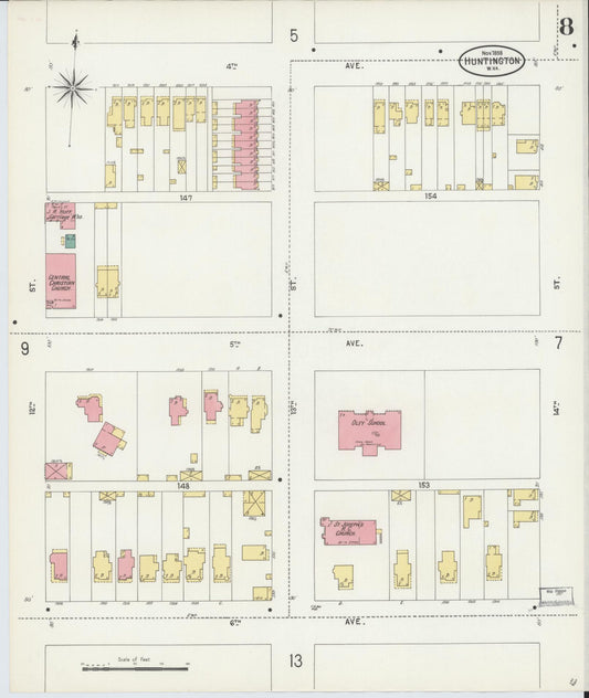 Sanborn Fire Insurance Map from Huntington, Cabell County, West Virginia (1898), Sheet #0008 - Historic Sanborn Fire Insurance Map Print, vintage old map wall art, antique decor, genealogy gift, West Virginia West Virginia map