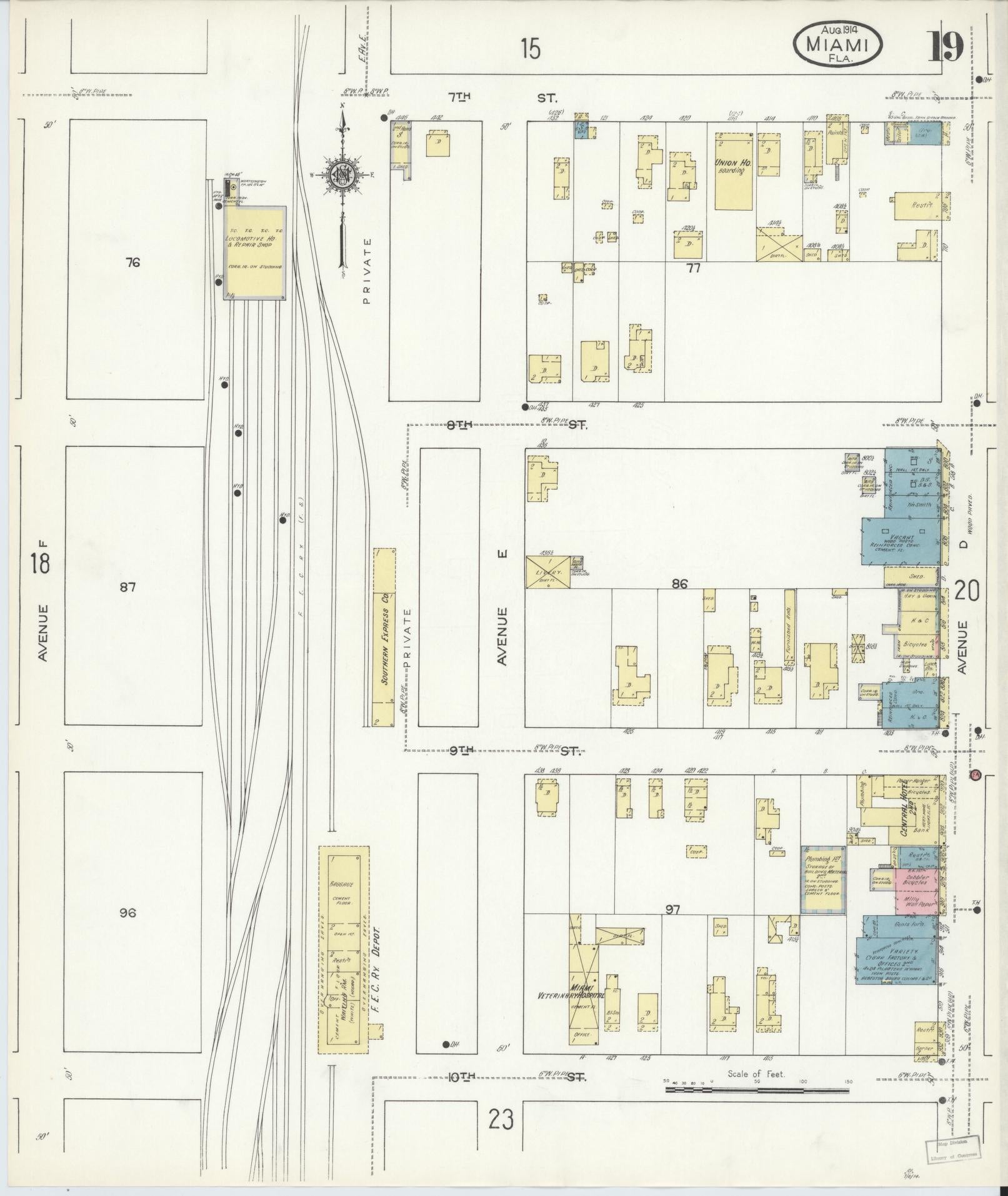 Sanborn Fire Insurance Map from Miami, Dade County, Florida (1914), Sheet #0019 - Complete Map Set gallery image, historic Sanborn map, vintage wall art, Florida Florida