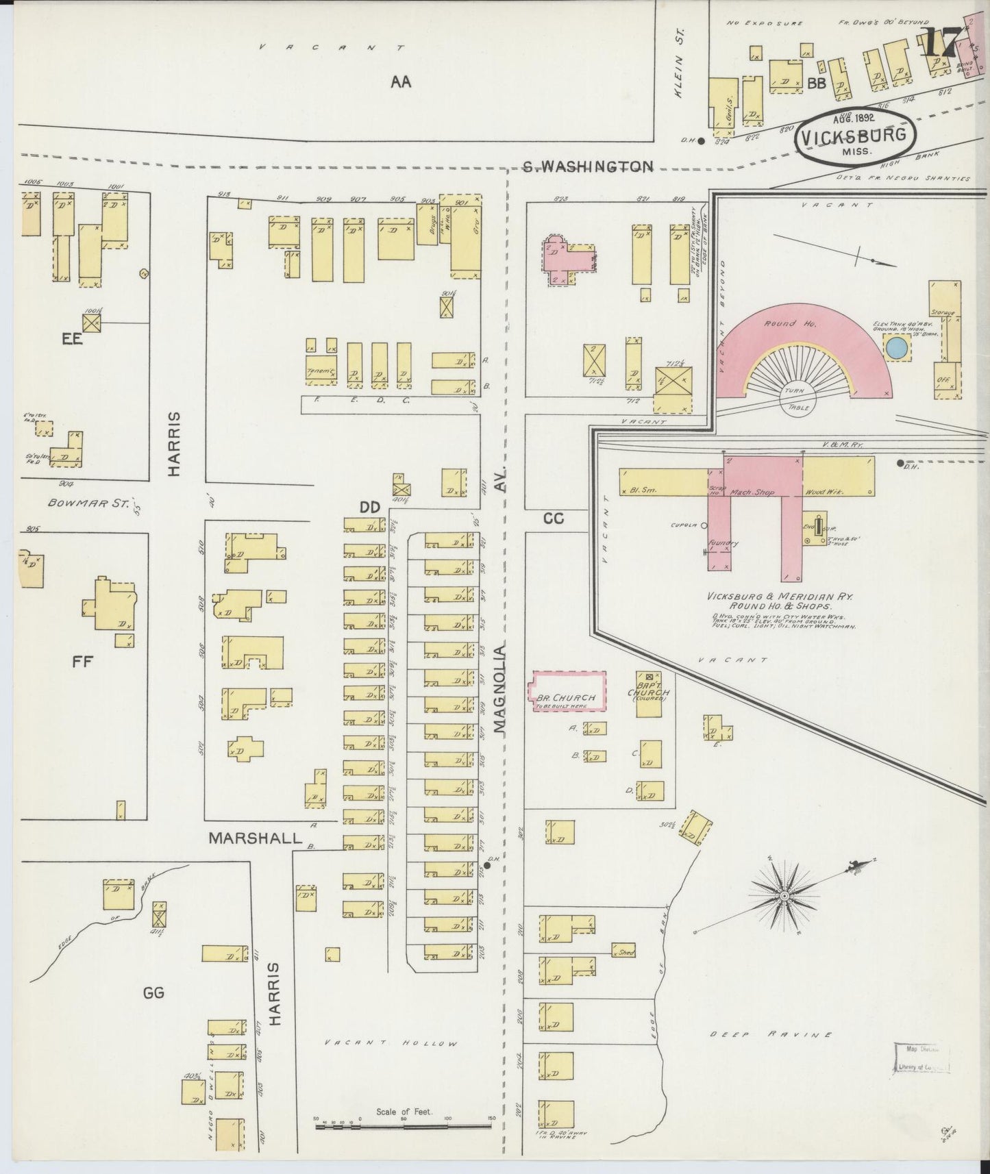 Sanborn Fire Insurance Map from Vicksburg, Warren County, Mississippi (1892), Sheet #0017 - Historic Sanborn Fire Insurance Map Print, vintage old map wall art, antique decor, genealogy gift, Mississippi Mississippi map