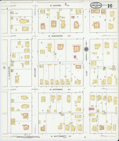 Sanborn Fire Insurance Map from Jonesboro, Craighead County, Arkansas (1919), Sheet #0016 - Complete Map Set gallery image, historic Sanborn map, vintage wall art, Arkansas Arkansas