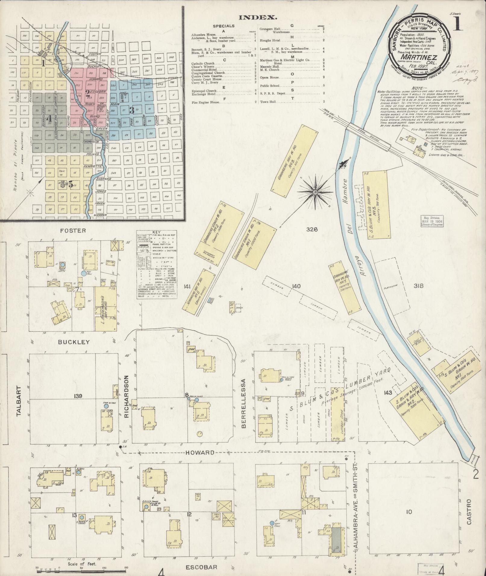 Sanborn Fire Insurance Map from Martinez, Contra Costa County, California (1897), Sheet #0001 - Historic Sanborn Fire Insurance Map Print, vintage old map wall art, antique decor, genealogy gift, California California map