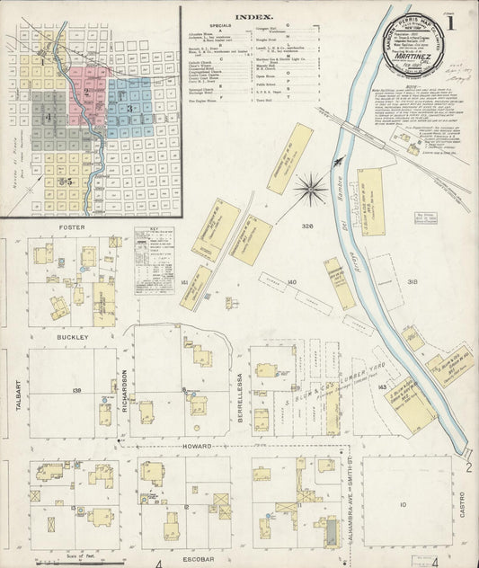 Sanborn Fire Insurance Map from Martinez, Contra Costa County, California (1897), Sheet #0001 - Historic Sanborn Fire Insurance Map Print, vintage old map wall art, antique decor, genealogy gift, California California map