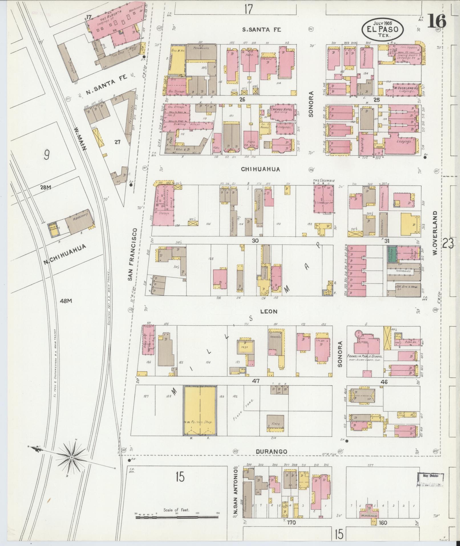 Sanborn Fire Insurance Map from El Paso, El Paso County, Texas (1905), Sheet #0016 - Complete Map Set gallery image, historic Sanborn map, vintage wall art, Texas Texas