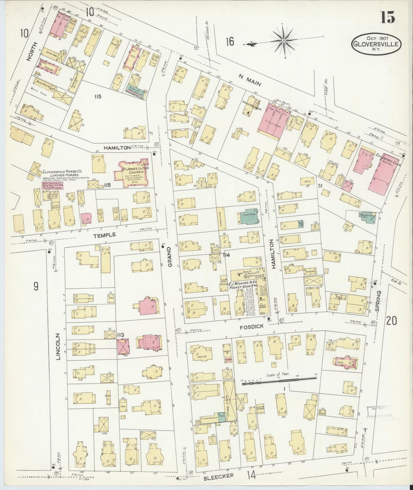 Sanborn Fire Insurance Map from Gloversville, Fulton County, New York (1907), Sheet #0015 - Historic Sanborn Fire Insurance Map Print, vintage old map wall art, antique decor, genealogy gift, New York New York map