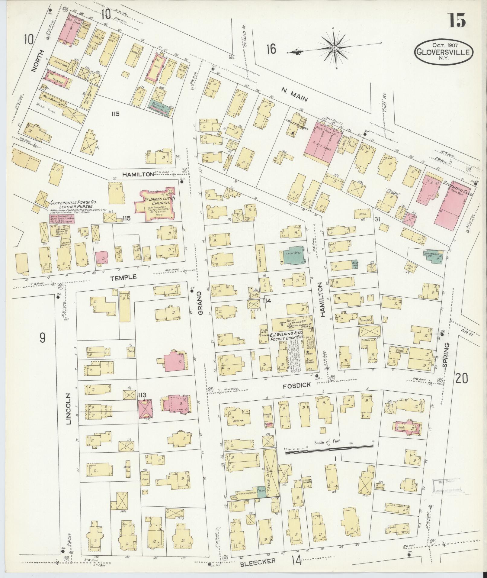 Sanborn Fire Insurance Map from Gloversville, Fulton County, New York (1907), Sheet #0015 - Historic Sanborn Fire Insurance Map Print, vintage old map wall art, antique decor, genealogy gift, New York New York map