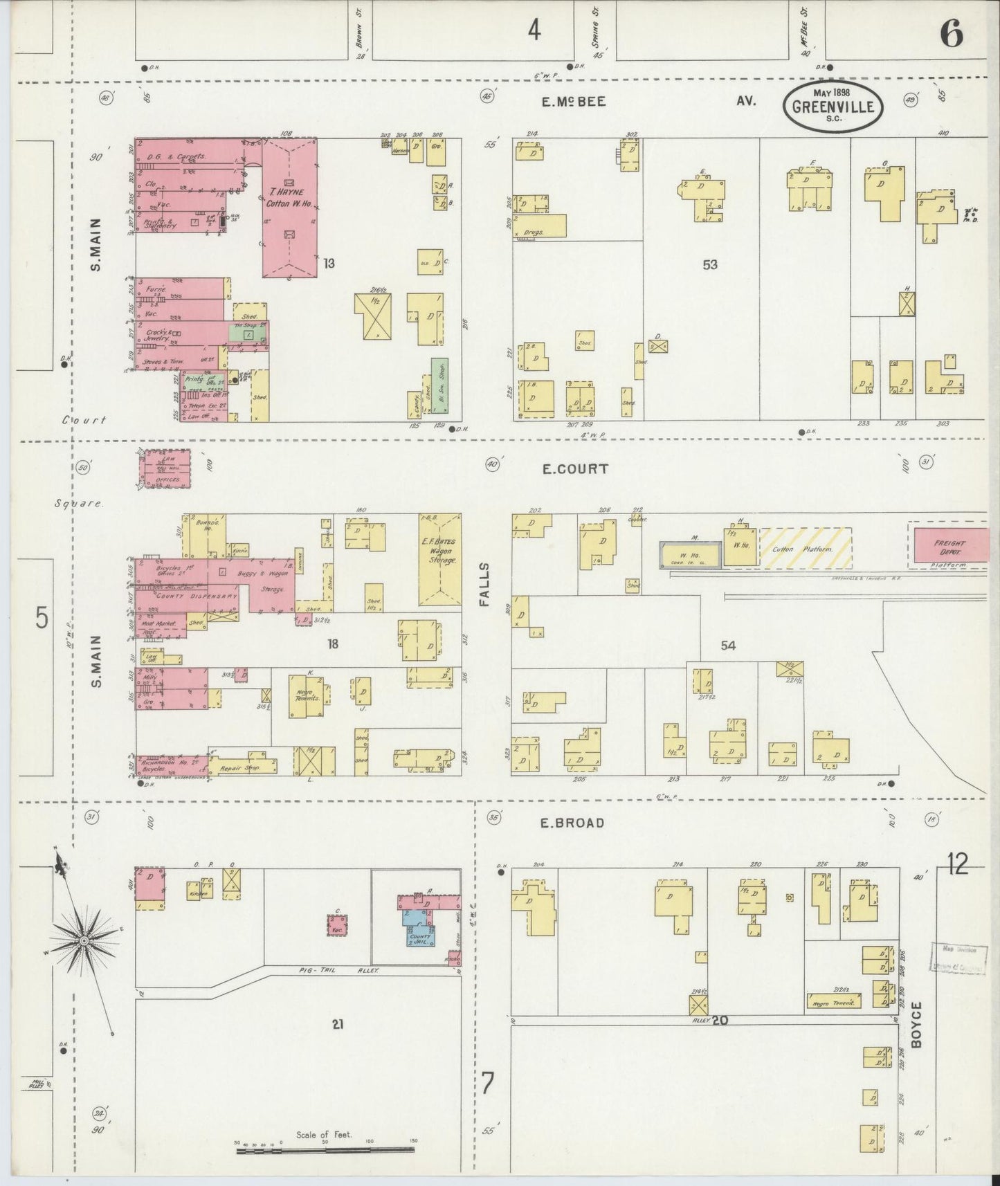 Sanborn Fire Insurance Map from Greenville, Greenville County, South Carolina (1898), Sheet #0006 - Complete Map Set gallery image, historic Sanborn map, vintage wall art, South Carolina South Carolina