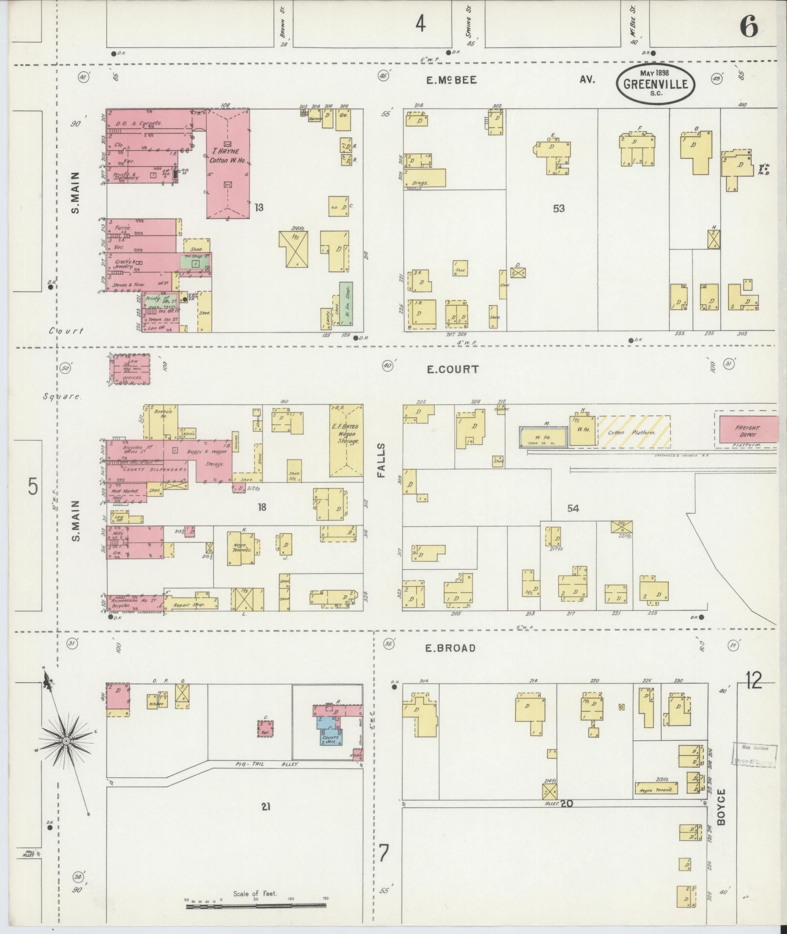 Sanborn Fire Insurance Map from Greenville, Greenville County, South Carolina (1898), Sheet #0006 - Complete Map Set gallery image, historic Sanborn map, vintage wall art, South Carolina South Carolina