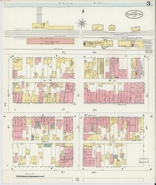 Sanborn Fire Insurance Map from Huntington, Cabell County, West Virginia (1898), Sheet #0003 - Historic Sanborn Fire Insurance Map Print, vintage old map wall art, antique decor, genealogy gift, West Virginia West Virginia map