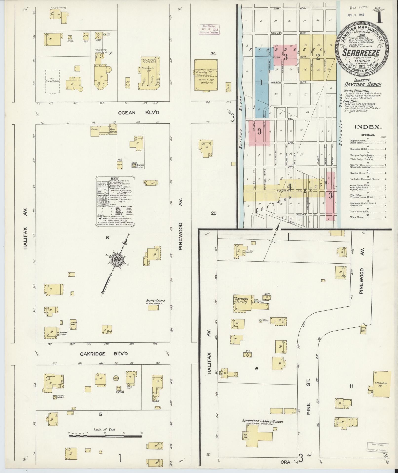 Sanborn Fire Insurance Map from Seabreeze, Volusia County, Florida (1912), Sheet #0001 - Historic Sanborn Fire Insurance Map Print, vintage old map wall art, antique decor, genealogy gift, Florida Florida map