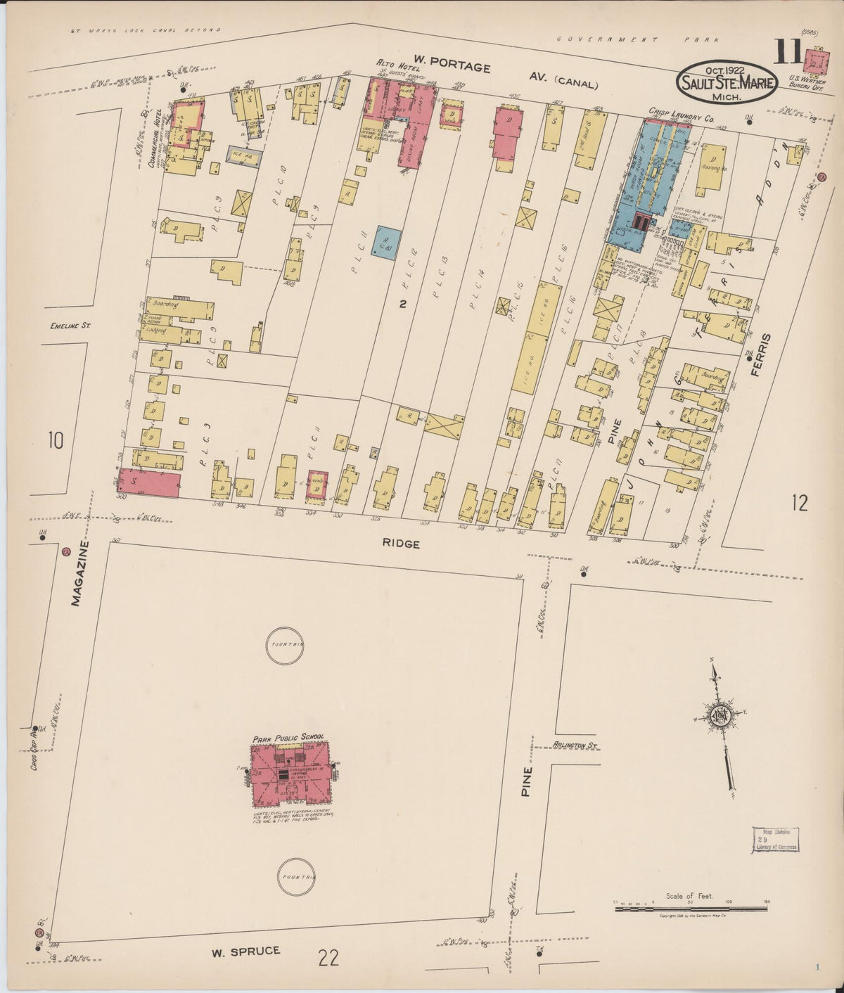 Sanborn Fire Insurance Map from Sault Sainte Marie, Chippewa County, Michigan (1922), Sheet #0011 - Historic Sanborn Fire Insurance Map Print, vintage old map wall art, antique decor, genealogy gift, Michigan Michigan map
