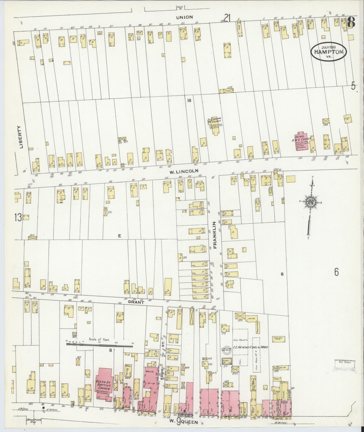 Sanborn Fire Insurance Map from Hampton, Independent Cities, Virginia (1910), Sheet #0008 - Complete Map Set gallery image, historic Sanborn map, vintage wall art, Virginia Virginia