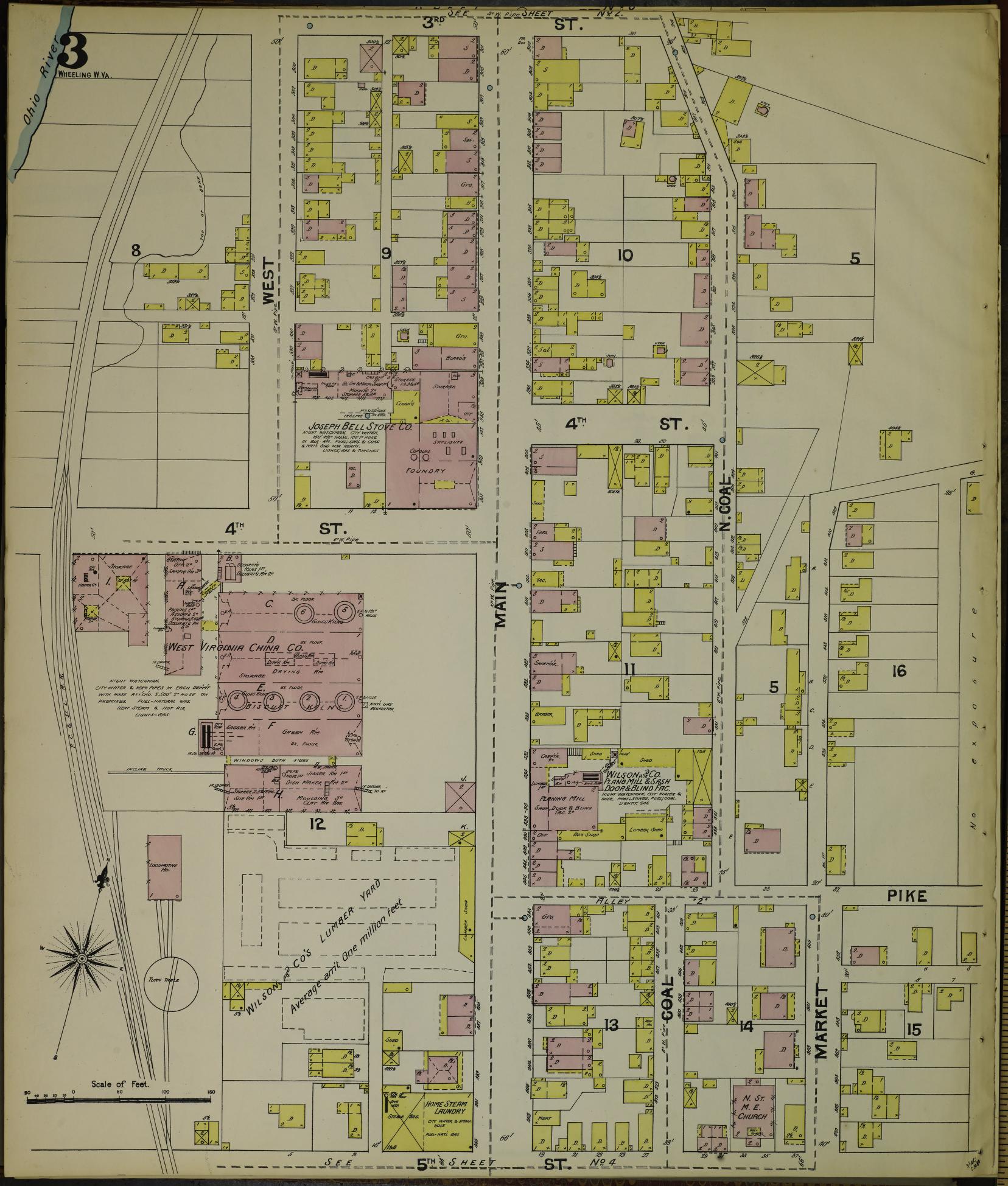 Sanborn Fire Insurance Map from Wheeling, Ohio County, West Virginia (1890), Sheet #0003 - Historic Sanborn Fire Insurance Map Print, vintage old map wall art, antique decor, genealogy gift, West Virginia West Virginia map