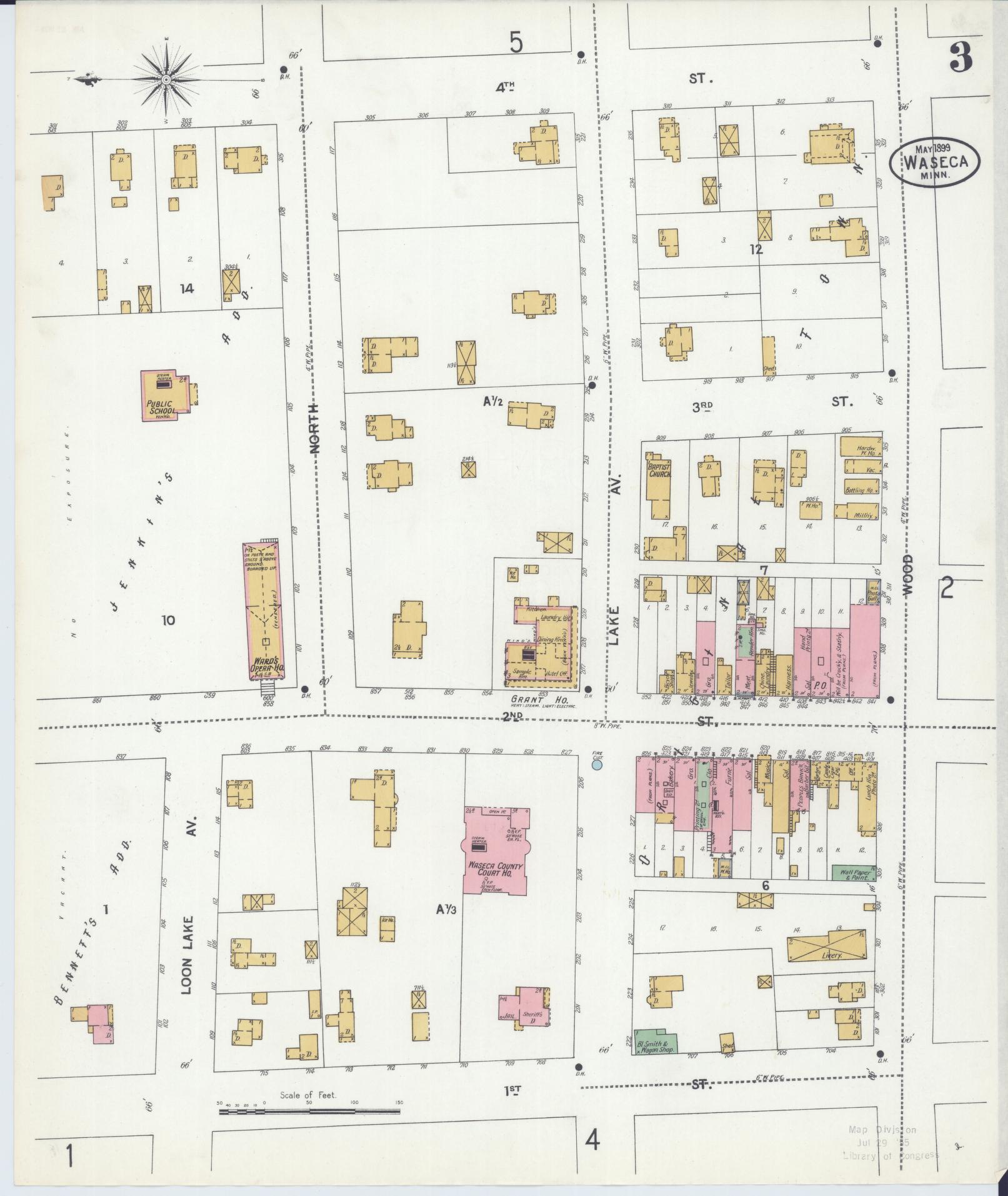 Sanborn Fire Insurance Map from Waseca, Waseca County, Minnesota (1899), Sheet #0003 - Complete Map Set gallery image, historic Sanborn map, vintage wall art, Minnesota Minnesota