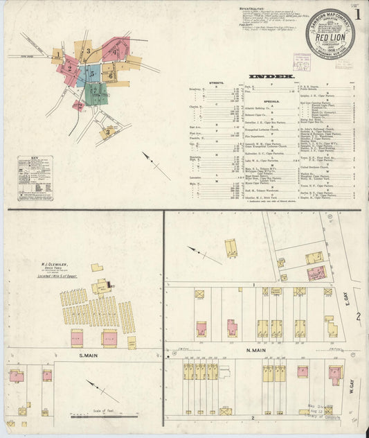 Sanborn Fire Insurance Map from Red Lion, York County, Pennsylvania (1908), Sheet #0001 - Historic Sanborn Fire Insurance Map Print, vintage old map wall art, antique decor, genealogy gift, Pennsylvania Pennsylvania map