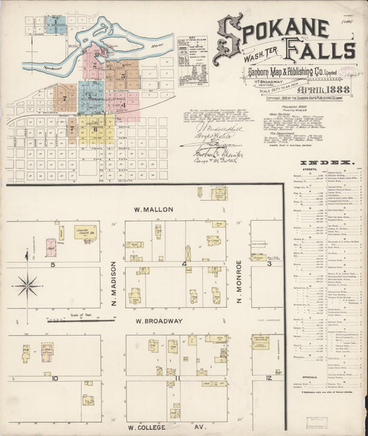 Sanborn Fire Insurance Map from Spokane, Spokane County, Washington (1888), Sheet #0001 - Historic Sanborn Fire Insurance Map Print, vintage old map wall art, antique decor, genealogy gift, Washington Washington map