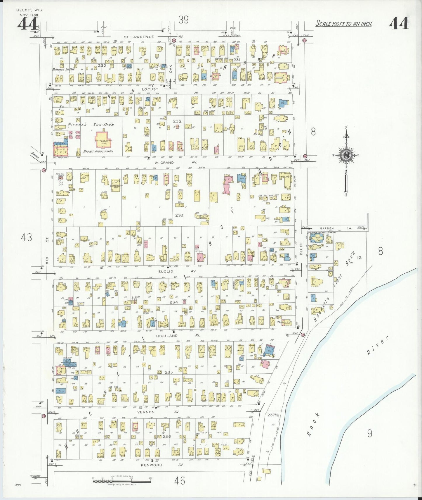 Sanborn Fire Insurance Map from Beloit, Rock County, Wisconsin (1939), Sheet #0044 - Historic Sanborn Fire Insurance Map Print, vintage old map wall art, antique decor, genealogy gift, Wisconsin Wisconsin map