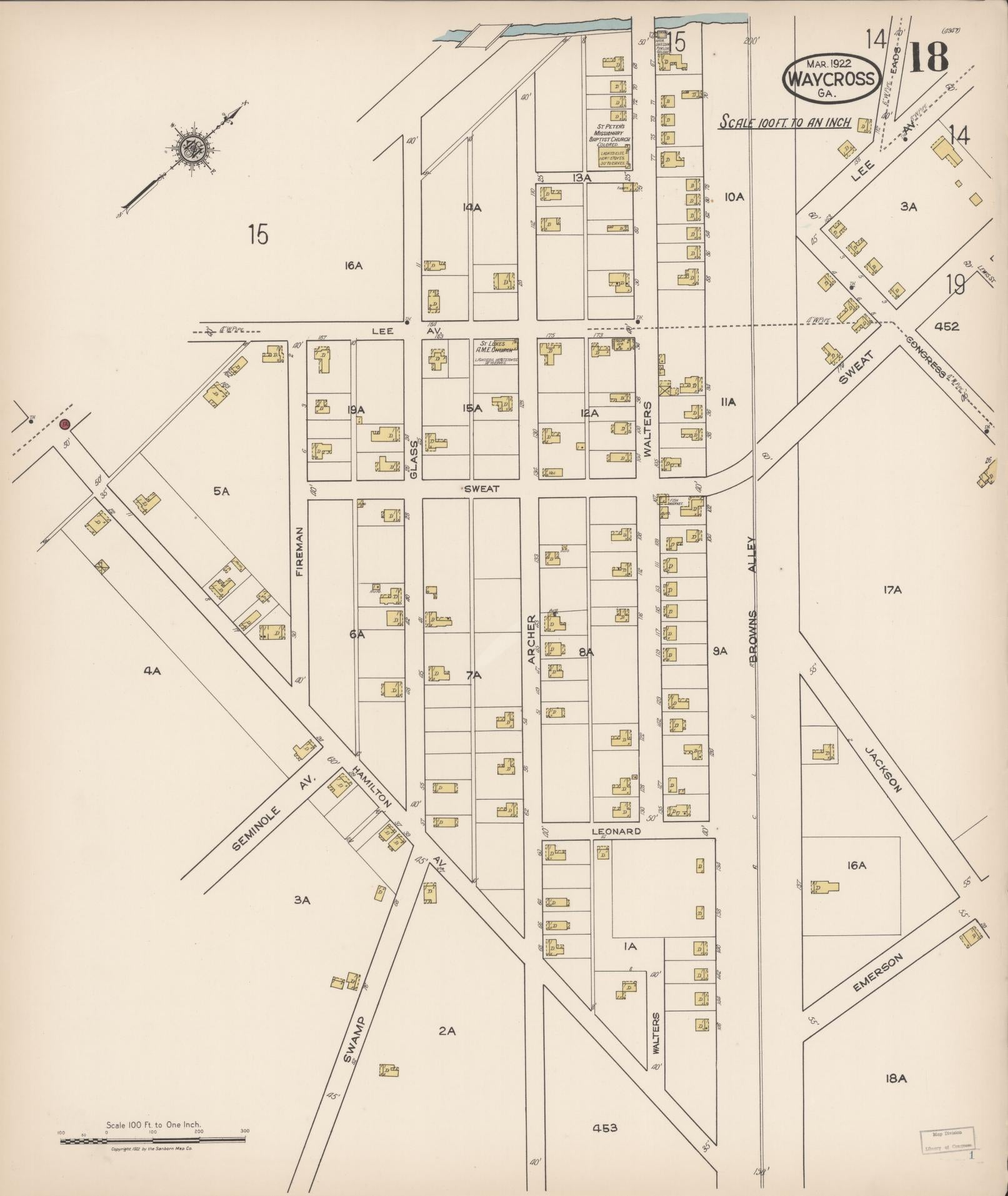 Sanborn Fire Insurance Map from Waycross, Ware County, Georgia (1922), Sheet #0018 - Complete Map Set gallery image, historic Sanborn map, vintage wall art, Georgia Georgia